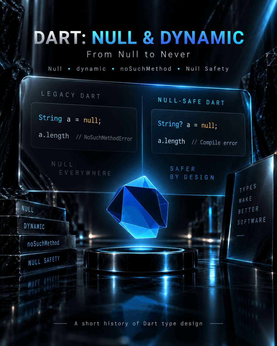 Legacy Dart lỗi ở runtime khi truy cập null, còn null-safe Dart phát hiện lỗi tại compile time