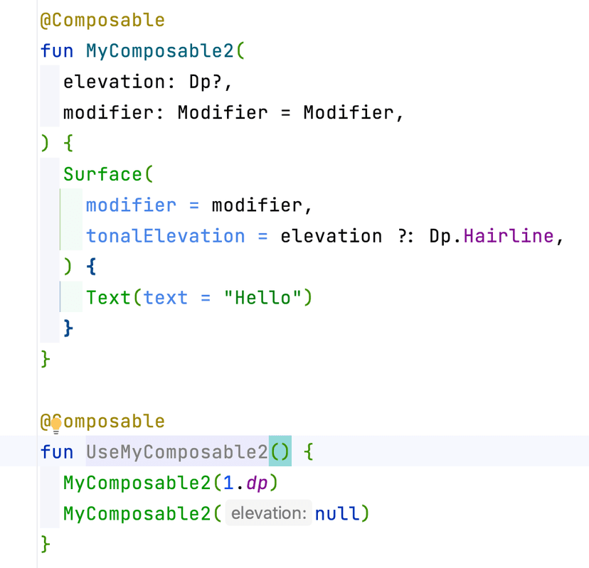 MyComposable2 accepts a Dp? as the first parameter